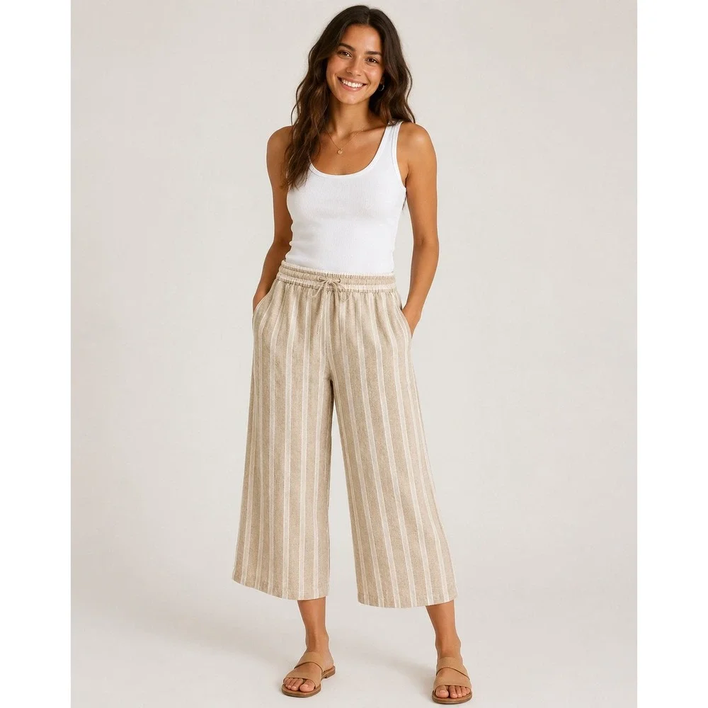 Banana Republic Linen Blend Striped Pull On Pants Tan White Drawstring Large